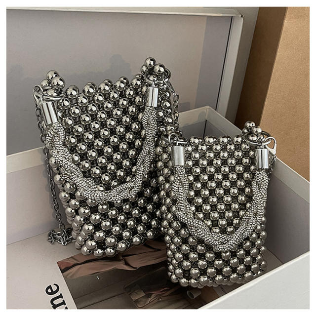 Elegant silver ball bead twisted diamond handle mini crossbody bag evening bag