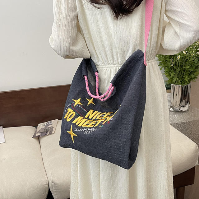 Unique contrast color letter denim tote bag crossbody bag