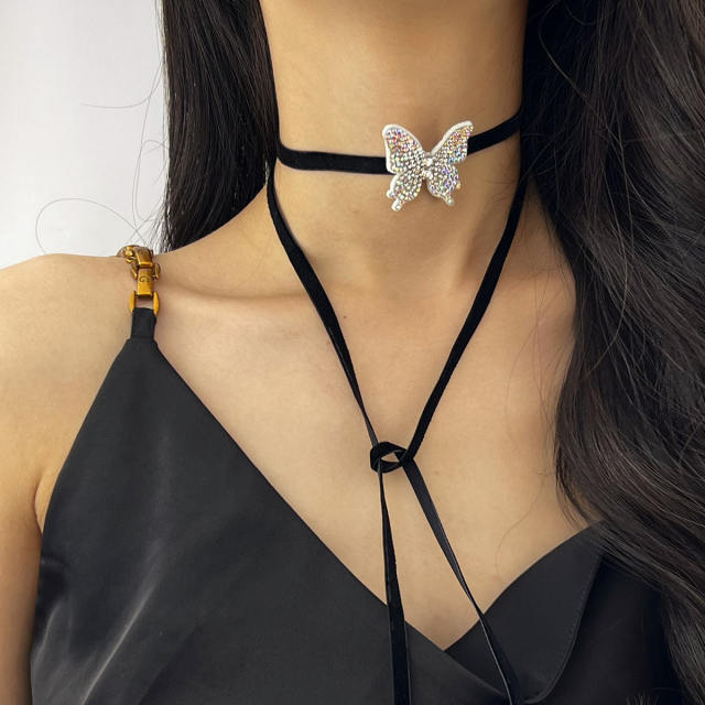 Elegant diamond butterfly strappy choker necklace