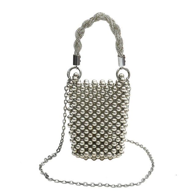 Elegant silver ball bead twisted diamond handle mini crossbody bag evening bag