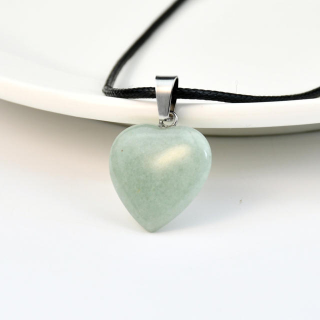 Sweet cool natural stone heart charm PU leather choker necklace