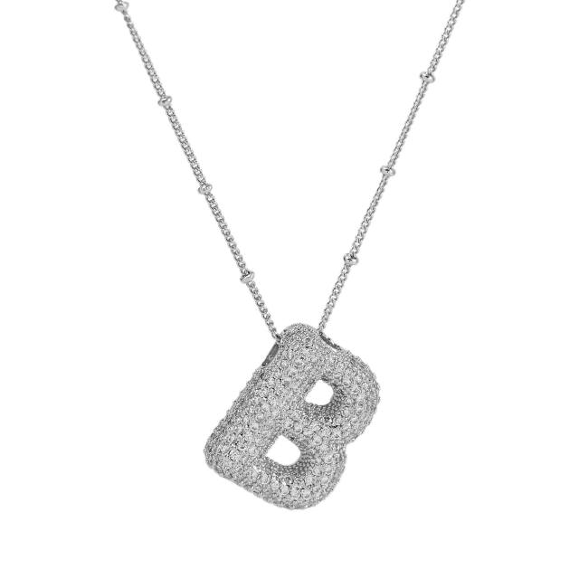 Silver color diamond bubble initial letter copper material chunky necklace