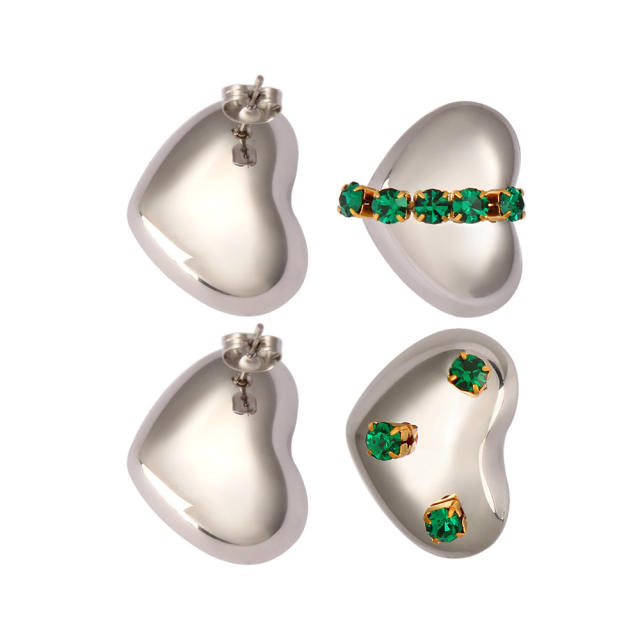 Chunky heart emerald statement stainless steel earrings