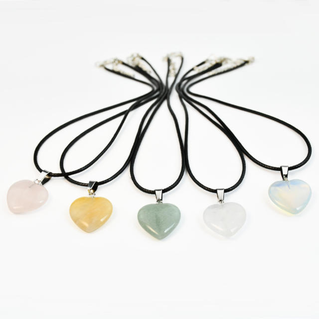 Sweet cool natural stone heart charm PU leather choker necklace