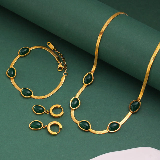 Creaitve geometric stone statement snake chain stainless steel necklace set