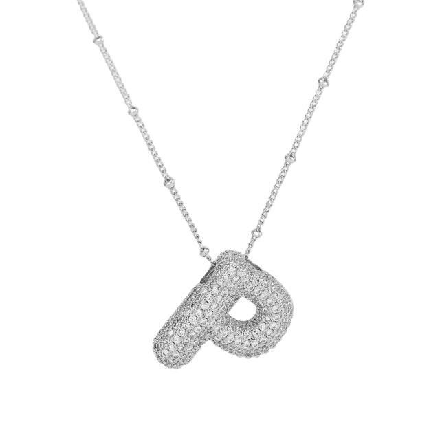 Silver color diamond bubble initial letter copper material chunky necklace