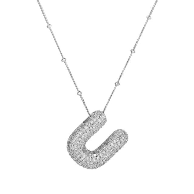 Silver color diamond bubble initial letter copper material chunky necklace