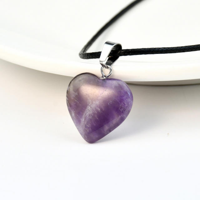 Sweet cool natural stone heart charm PU leather choker necklace