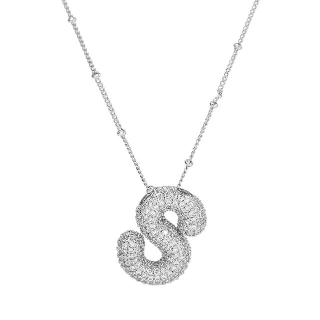 Silver color diamond bubble initial letter copper material chunky necklace