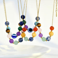 Natural stone beaded stainless steel chain necklace