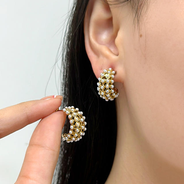 Elegant pearl beaded ball bead stainless steel studs earrings collection