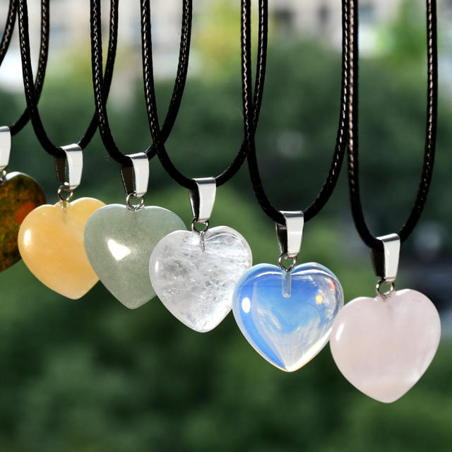 Sweet cool natural stone heart charm PU leather choker necklace