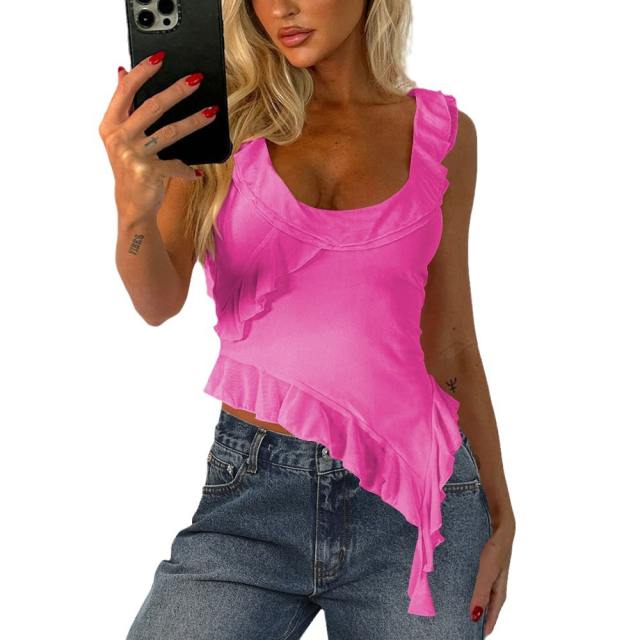 Y2K sexy ruffles design plain color backless women tops Undershirt