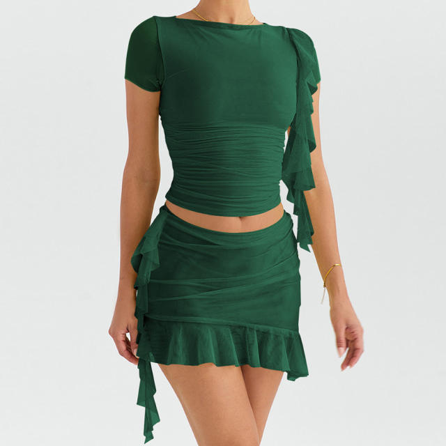 Spring summer plain color elegant ruffles mini skirt tops set