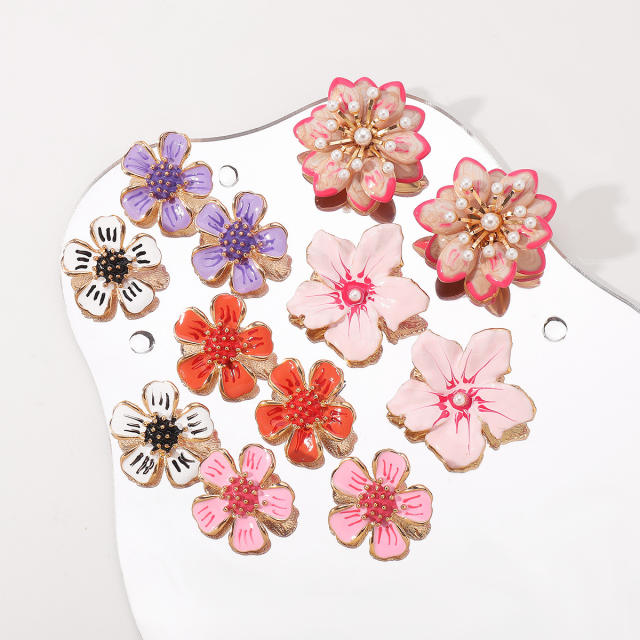 Sweet pink color enamel flower studs earrings collection