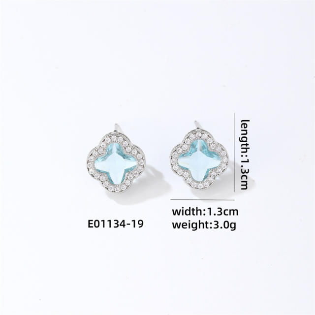 Elegant colorful cubic zircon clover copper material studs earrings