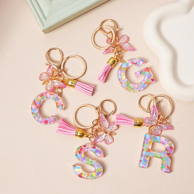 Spring summer gliter resin initial letter keychain