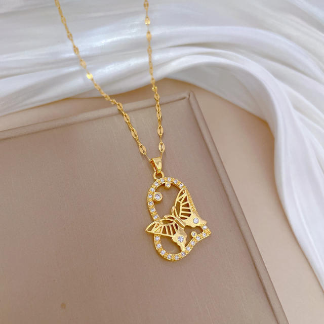 Elegant hollow heart butterfly pendant dainty stainless steel chain necklace