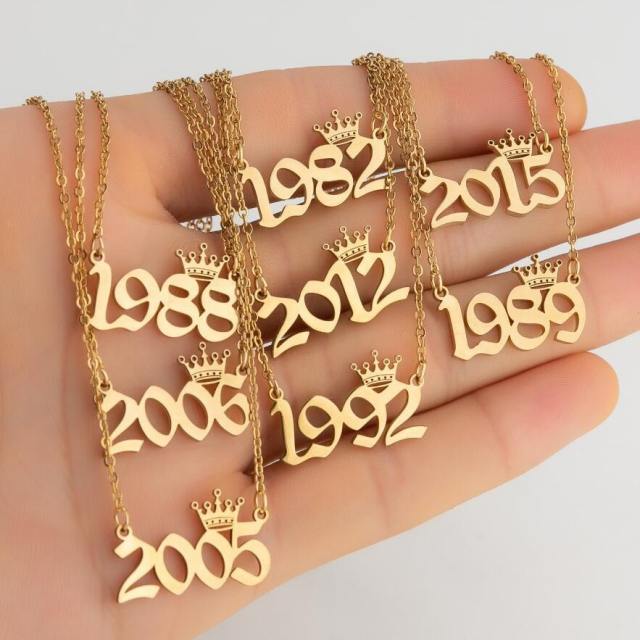 Dainty crown year number stainless steel necklace