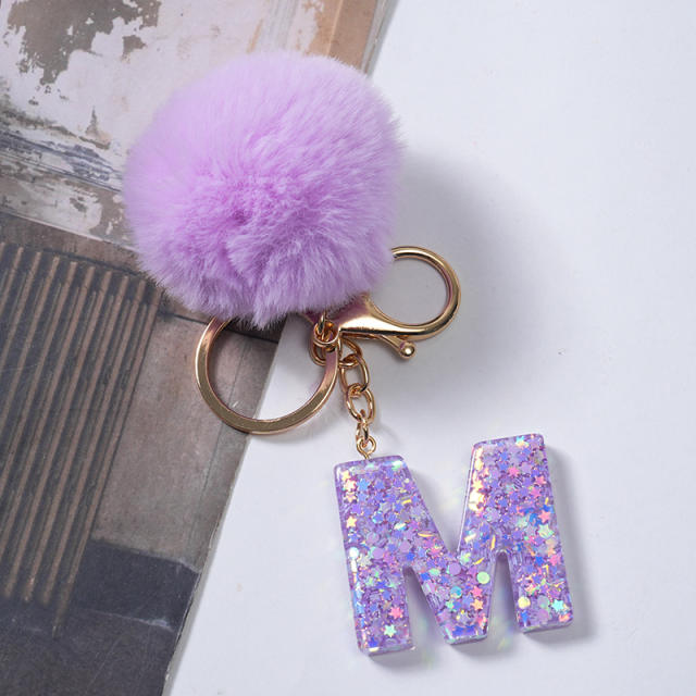 Cute purple color fluffy ball initial letter keychain