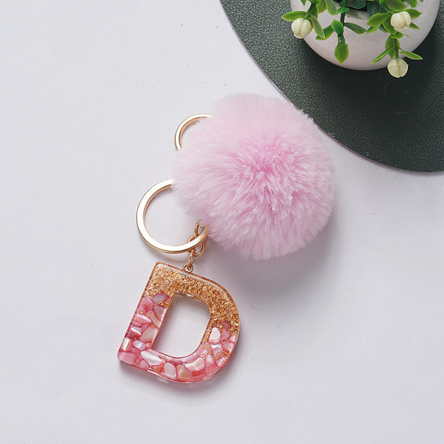 Sweet pink color fluffy ball initial letter keychain