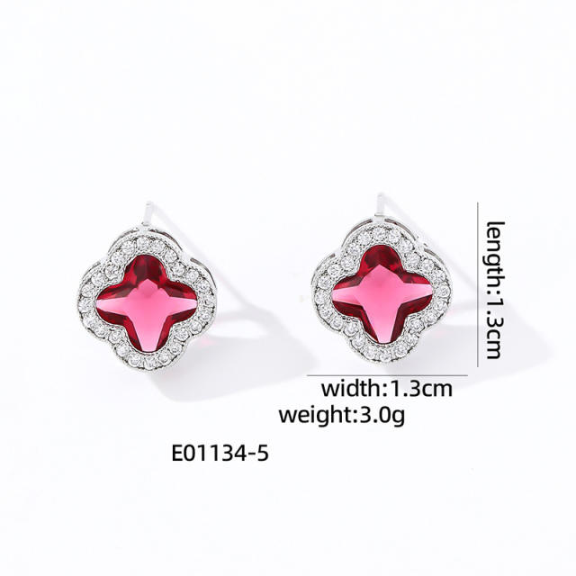 Elegant colorful cubic zircon clover copper material studs earrings