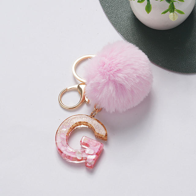 Sweet pink color fluffy ball initial letter keychain