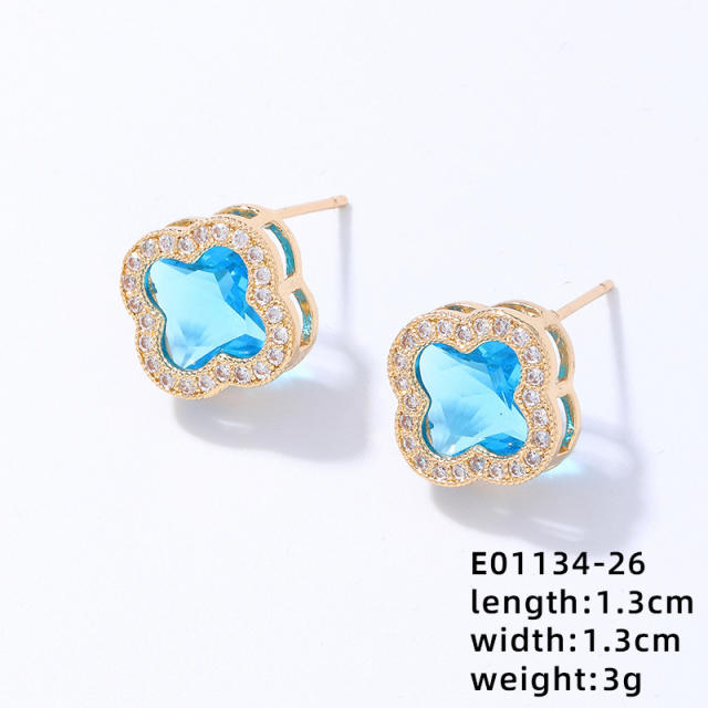 Elegant colorful cubic zircon clover copper material studs earrings