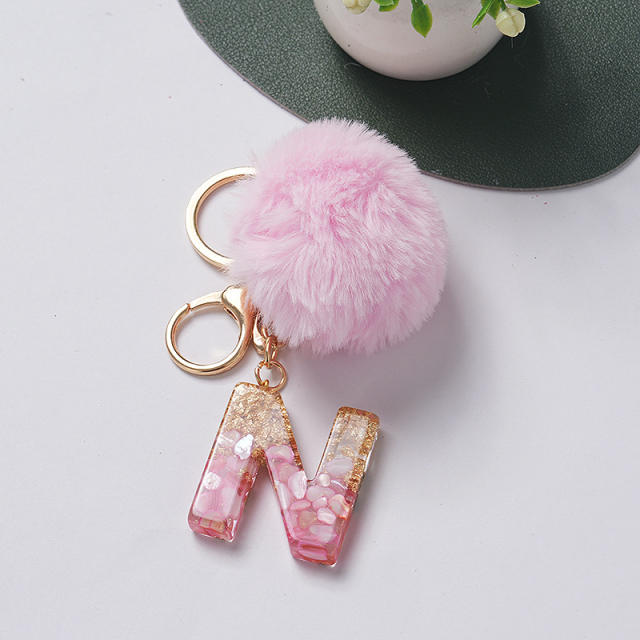 Sweet pink color fluffy ball initial letter keychain