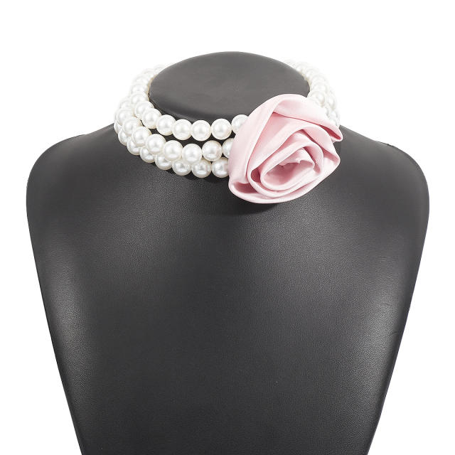 Vintage imitation pearl bead fabric flower choker necklace