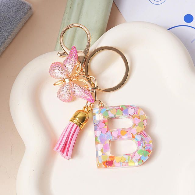 Spring summer gliter resin initial letter keychain