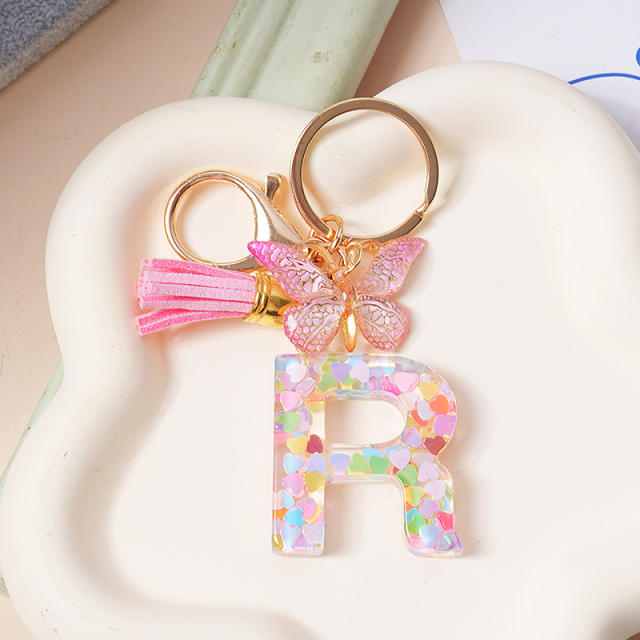 Spring summer gliter resin initial letter keychain