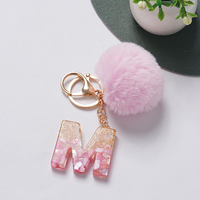 Sweet pink color fluffy ball initial letter keychain