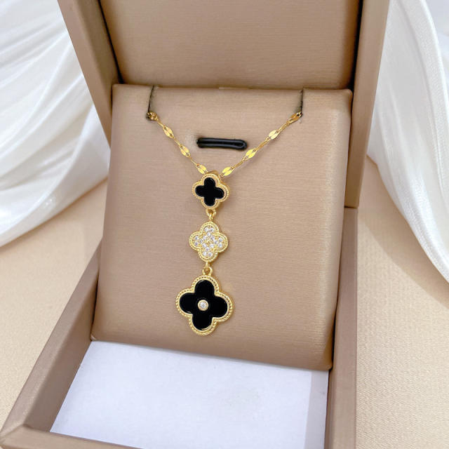 Luxury diamond clover charm stainless steel chain necklace set