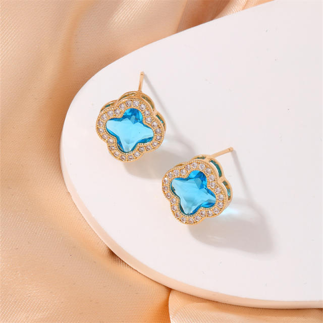 Elegant colorful cubic zircon clover copper material studs earrings