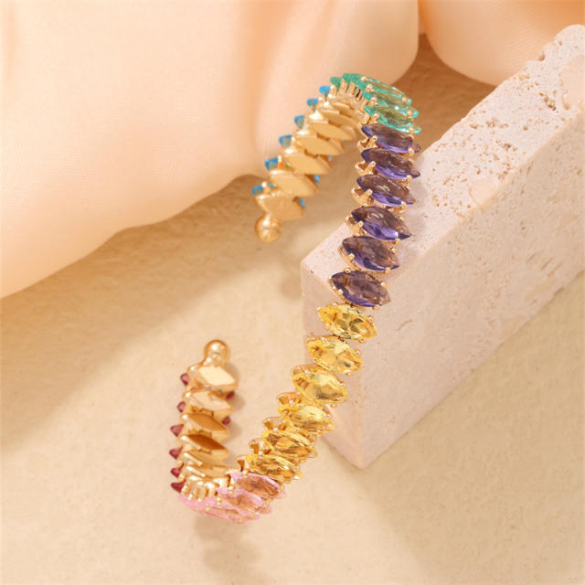 Luxury horse eye shape rainbow color cubic zircon copper cuff bangle