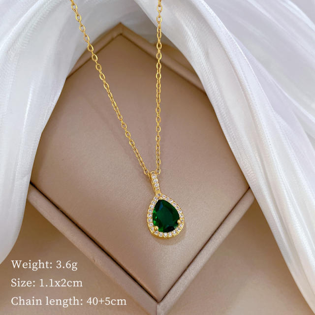 Chic green glass crystal drop pendant stainless steel chain necklace set