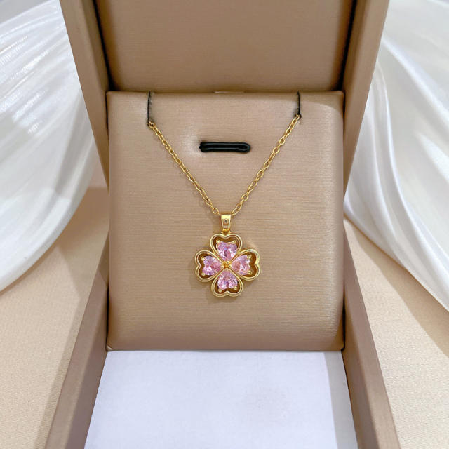 Dainty colorful diamond clover pendant stainless steel chain necklace