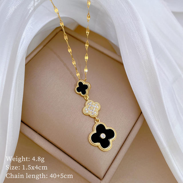 Luxury diamond clover charm stainless steel chain necklace set