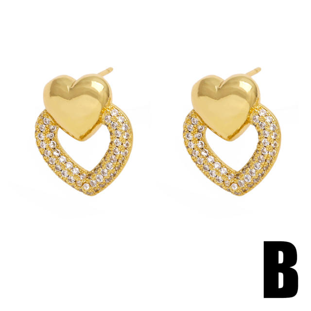 Delicate diamond heart gold plated copper studs earrings