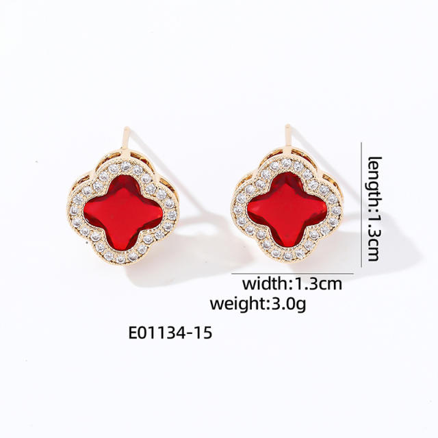 Elegant colorful cubic zircon clover copper material studs earrings