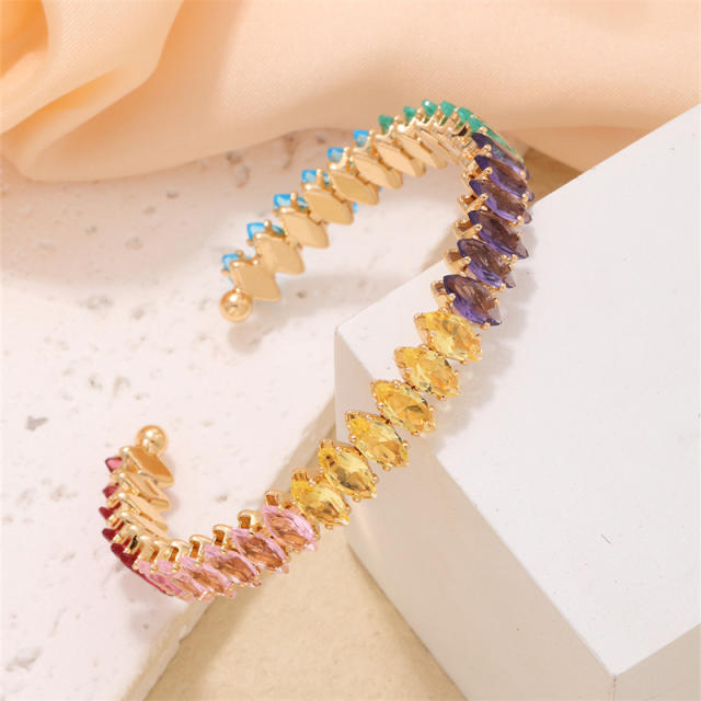 Luxury horse eye shape rainbow color cubic zircon copper cuff bangle