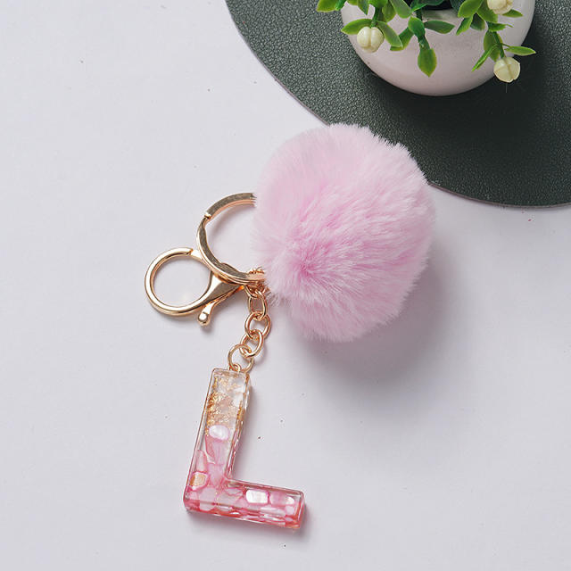 Sweet pink color fluffy ball initial letter keychain