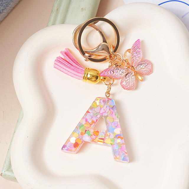 Spring summer gliter resin initial letter keychain