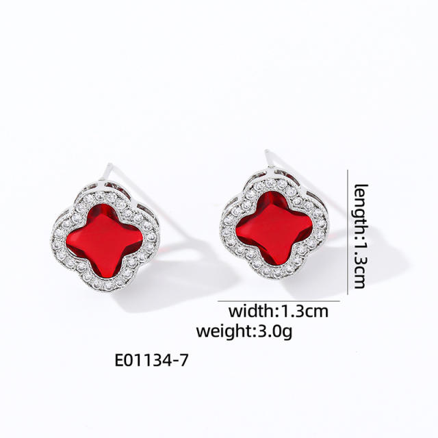 Elegant colorful cubic zircon clover copper material studs earrings