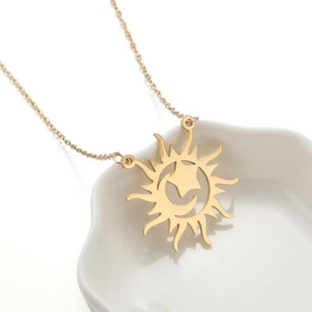 Korean fashion hollow out cross moon sun stainless steel necklace