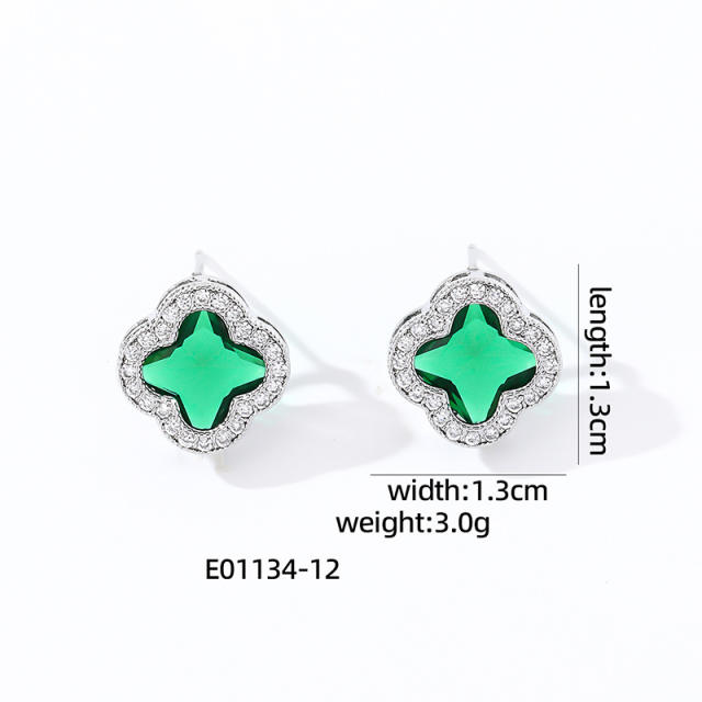 Elegant colorful cubic zircon clover copper material studs earrings