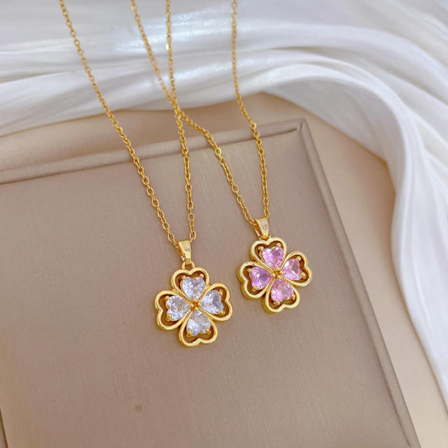 Dainty colorful diamond clover pendant stainless steel chain necklace