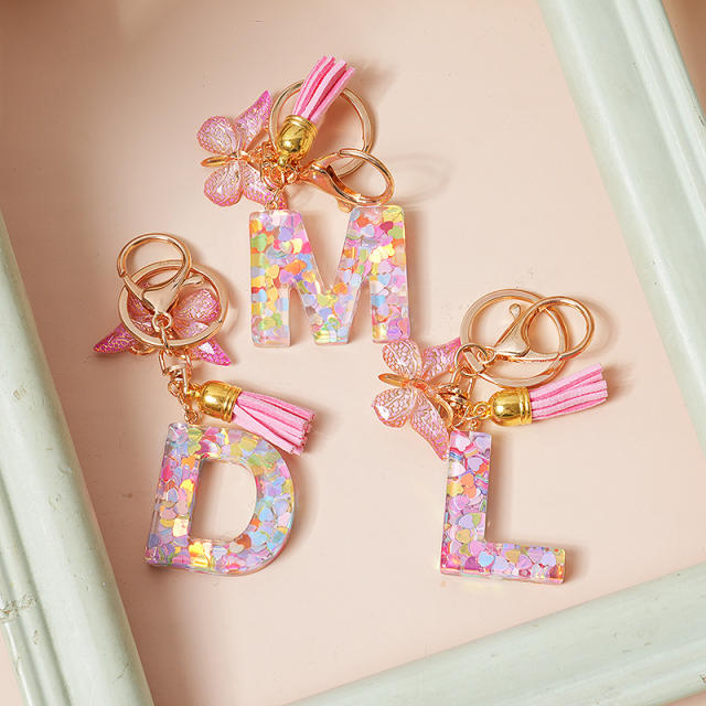 Spring summer gliter resin initial letter keychain