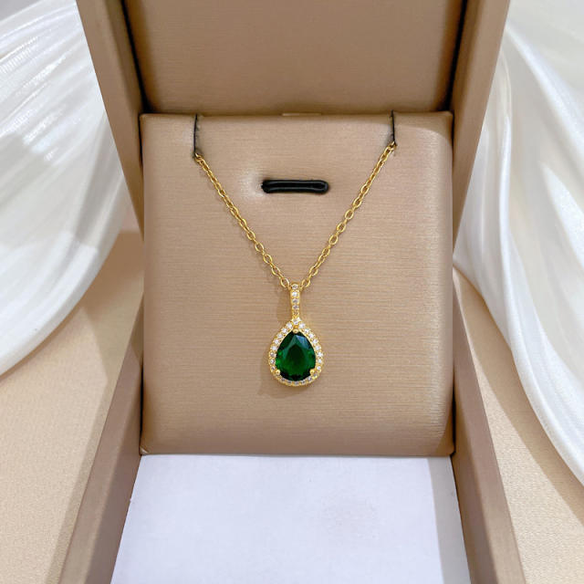 Chic green glass crystal drop pendant stainless steel chain necklace set